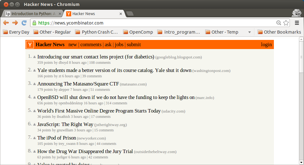 The HN home page, as it appears to a user who is not logged in.